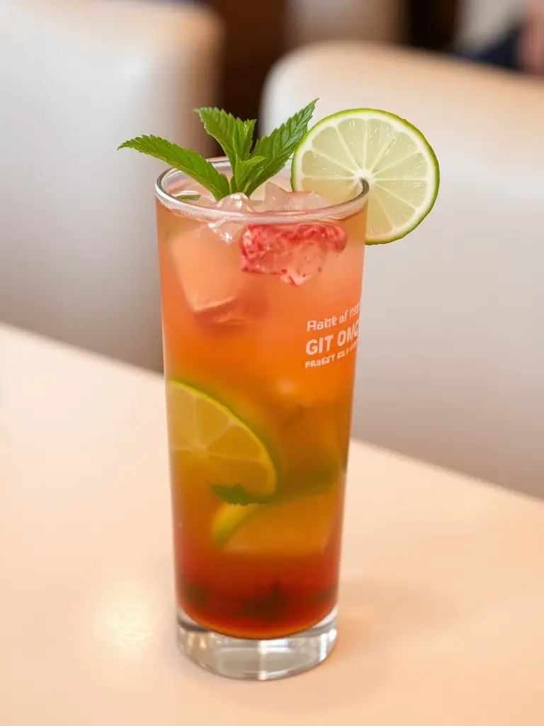 A tall glass of Cucumber Mint Cooler with visible cucumber slices and mint leaves, ice cubes, and condensation on the glass, set against a bright, summery background.