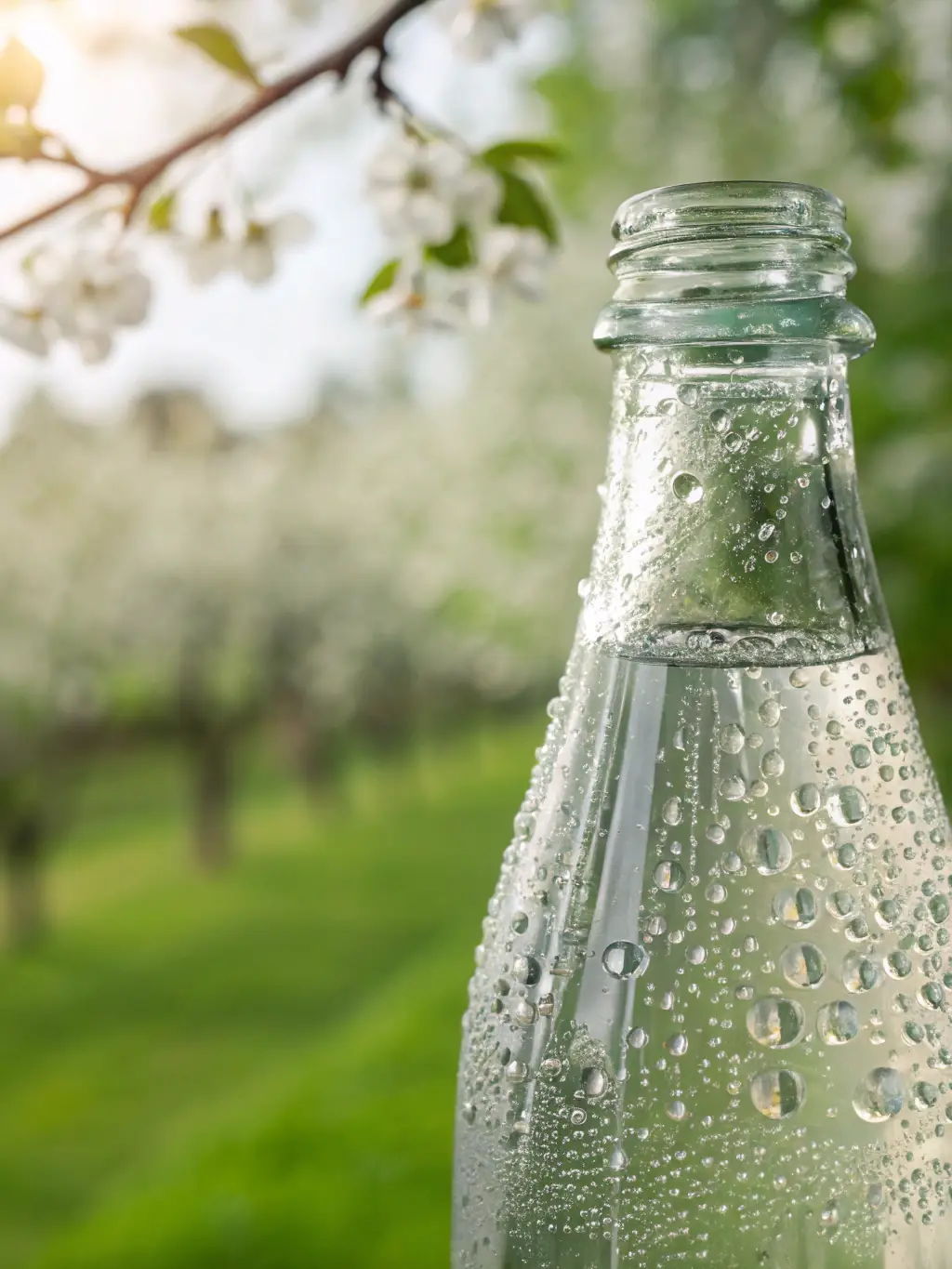 A bottle of Sparkling Mineral Water with visible bubbles and condensation, set against a clean, minimalist background to emphasize purity and freshness.